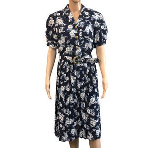 Vintage 80s Navy Blue Floral Print Pleater Belted Button Up Dress
